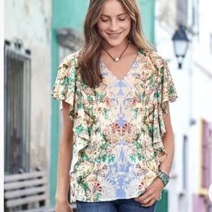 Sundance Top V Neck Arabella Flutter Sleeve Floral Blouse Rayon Size Small